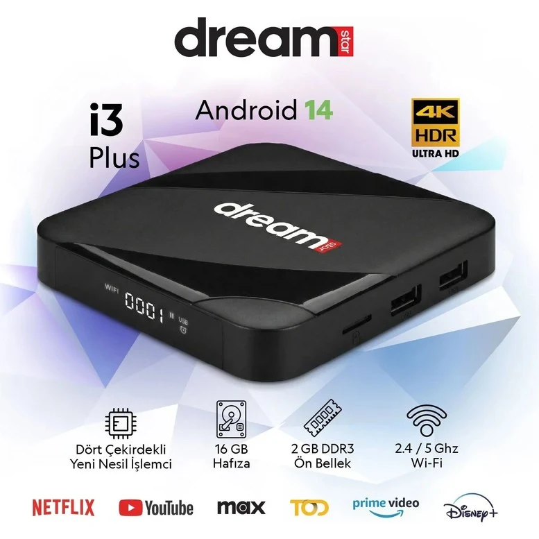 Dreamstar i3 Plus | 4K Android TV Box | Android 14 | WiFi | Sesli Komut Desteği