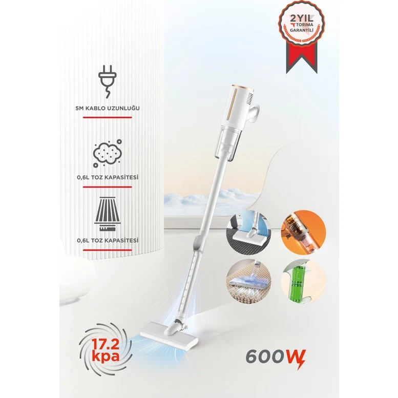 Torima Dikey Süpürge Elektrikli 600W Vakum Süpürge TVC01 Beyaz