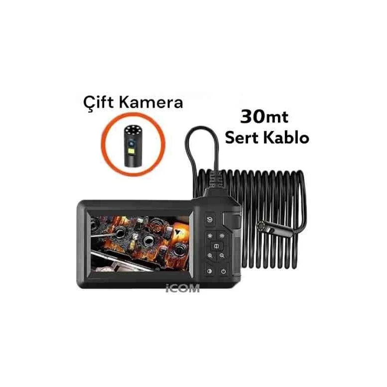 30 Metre Endoskop Ekranlı Yılan Kamera 1080P Sert Kablo ICS-330