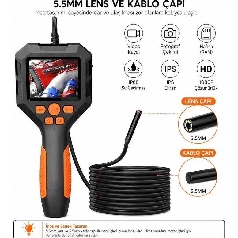 Yousee 5 Metre Ekranlı 5.5mm Sert Kablo Endoskopi Yılan Kamera