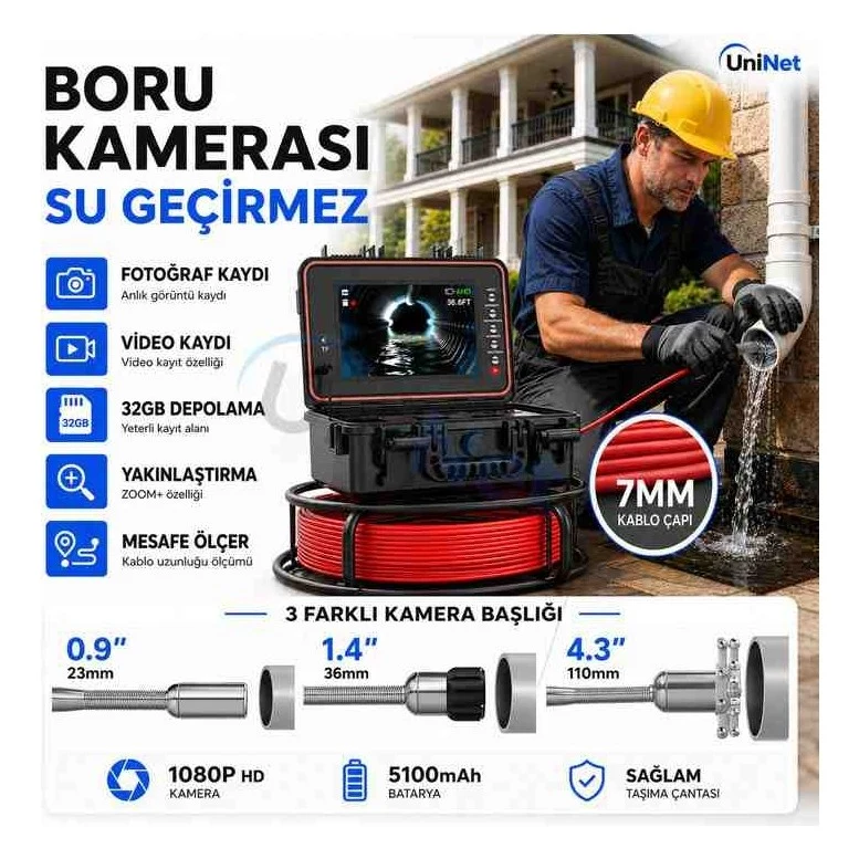 Yousee Boru ve Kanalizasyon Inceleme Kamerası 30 Metre 23 mm Otomatik Seviye Ayarlı Gece Görüşlü Kayıt Yapabilen Boru Hattı Endoskop Kamera 9 Inç