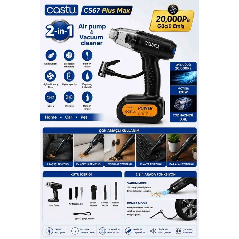 Catsu CASTU CS67 Kablosuz Dijital Hava Kompresörü ve 20.000 Lik Araç Süpürgesi 2 Si 1 Arada