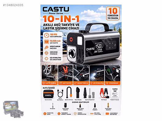 Castu 18.000 mAh 10'u 1 Arada Akü Takviye ve Kompresör